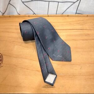 Oscar de la Renta Mens Silk Tie Grey Red Geometric Diamond Pattern Logo Silk Tie